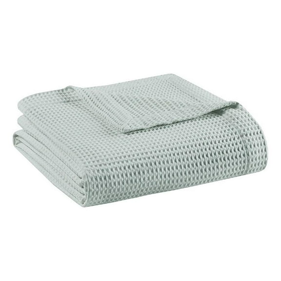 Pemberly Row Waffle Weave 90x90" Contemporary Cotton Blanket in Aqua Blue