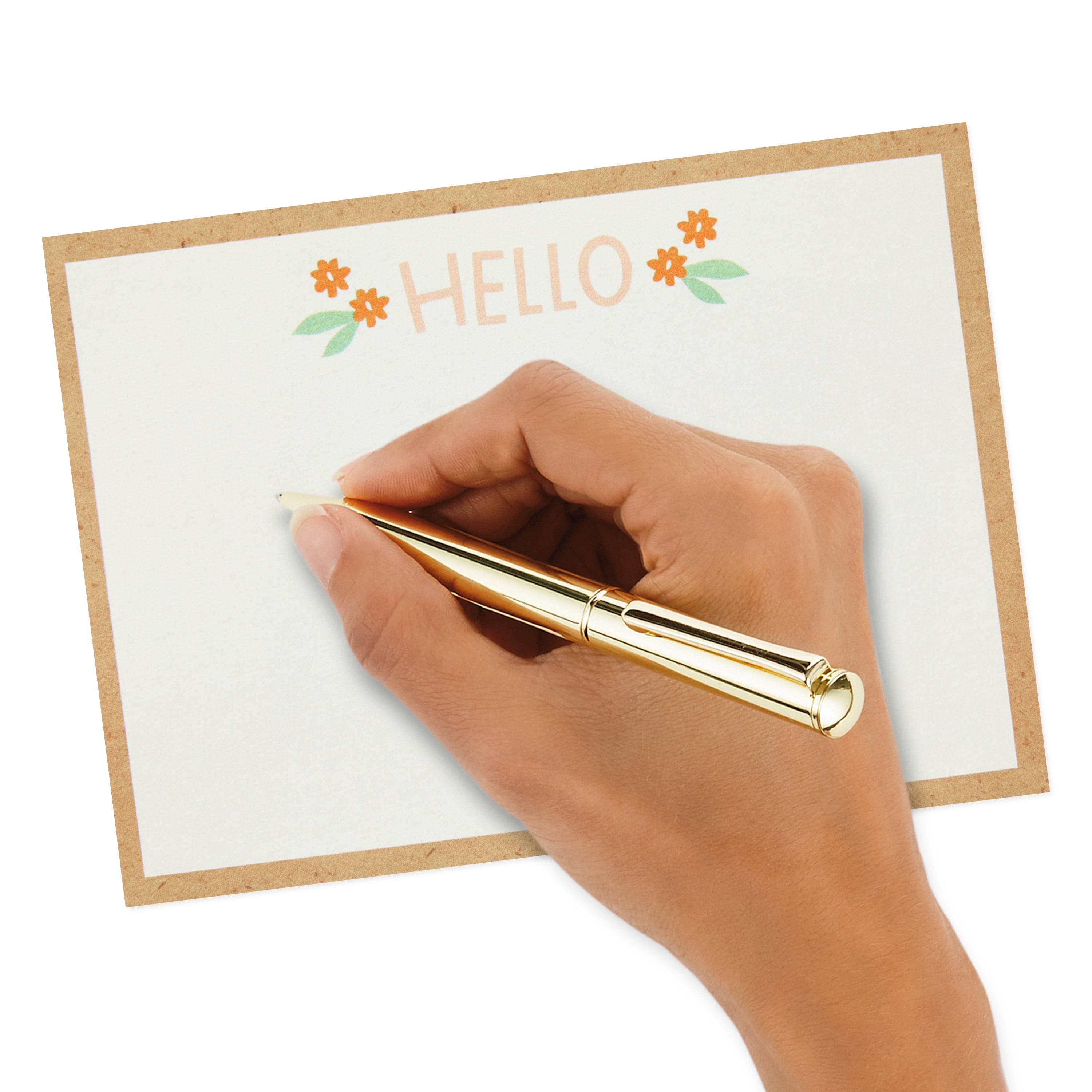 Hallmark Flat White 5.5" W x 4" H Note Cards in Caddy, Hello and Floral on Kraft, 40 Ct.