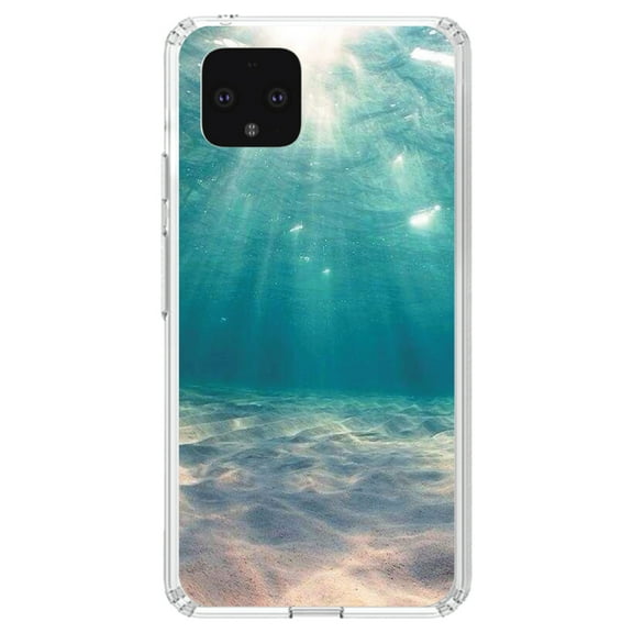 DistinctInk Clear Shockproof Hybrid Case for Google Pixel 4 XL (6.3" Screen) - TPU Bumper, Acrylic Back, Tempered Glass Screen Protector - Underwater Sun Sand