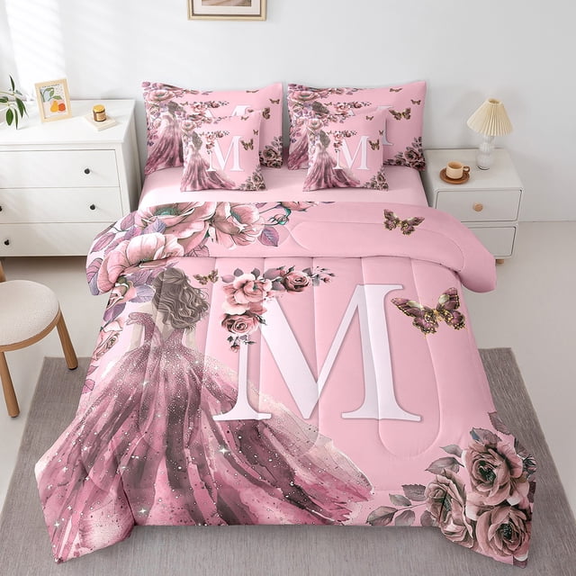 Erosebridal Ensemble de Literie Initiale m Format Simple, Literie Fleur de Rose Format Simple, Ensemble de Lit Réversible Robe de Princesse à Paillettes, Déco de Chambre Ultra Douce, 7 Pcs