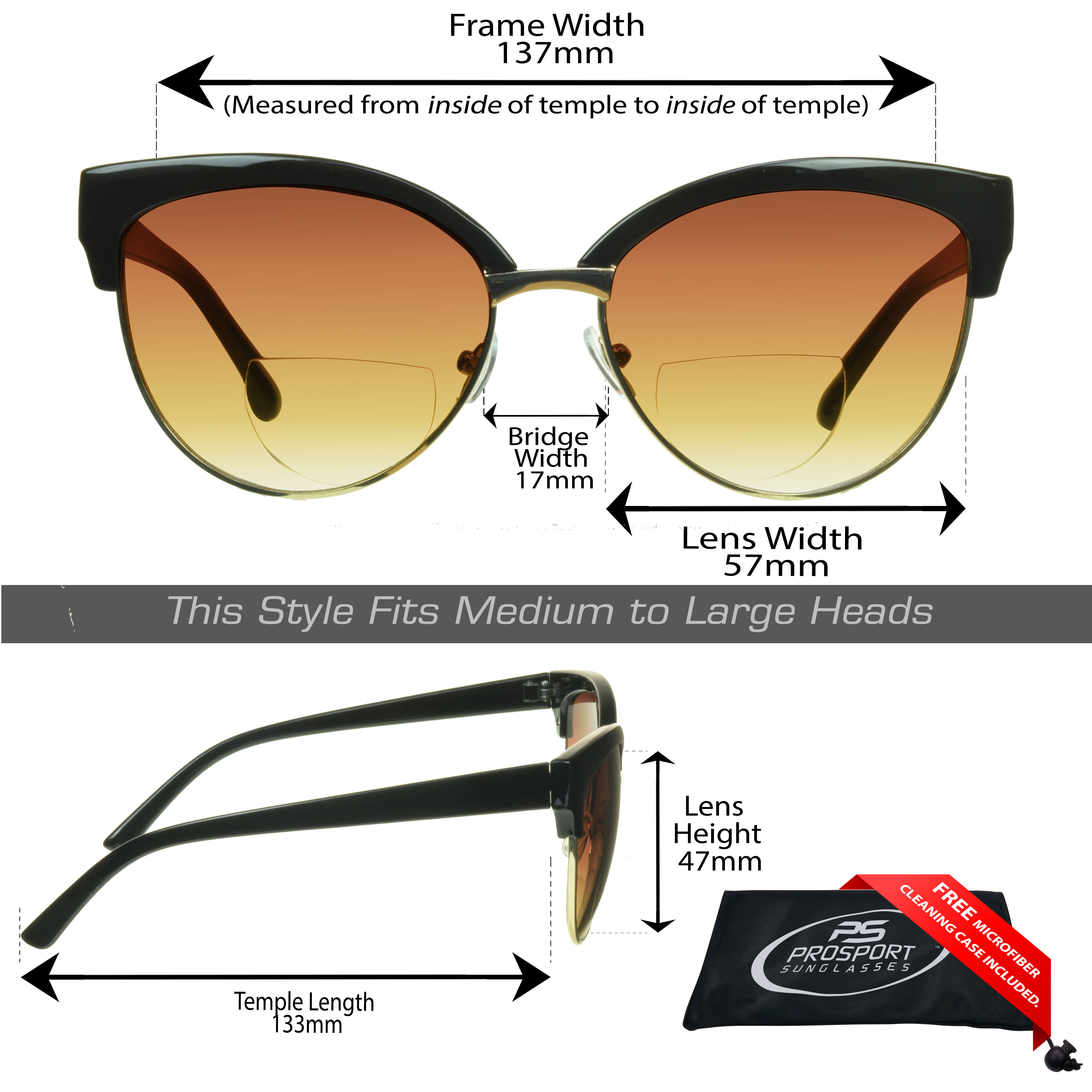 proSPORT Women Bifocal Reading Cateye Fashion Horn Rim Sunglasses Black Gold Frame Brown Lens +2.00 - image 2 of 5