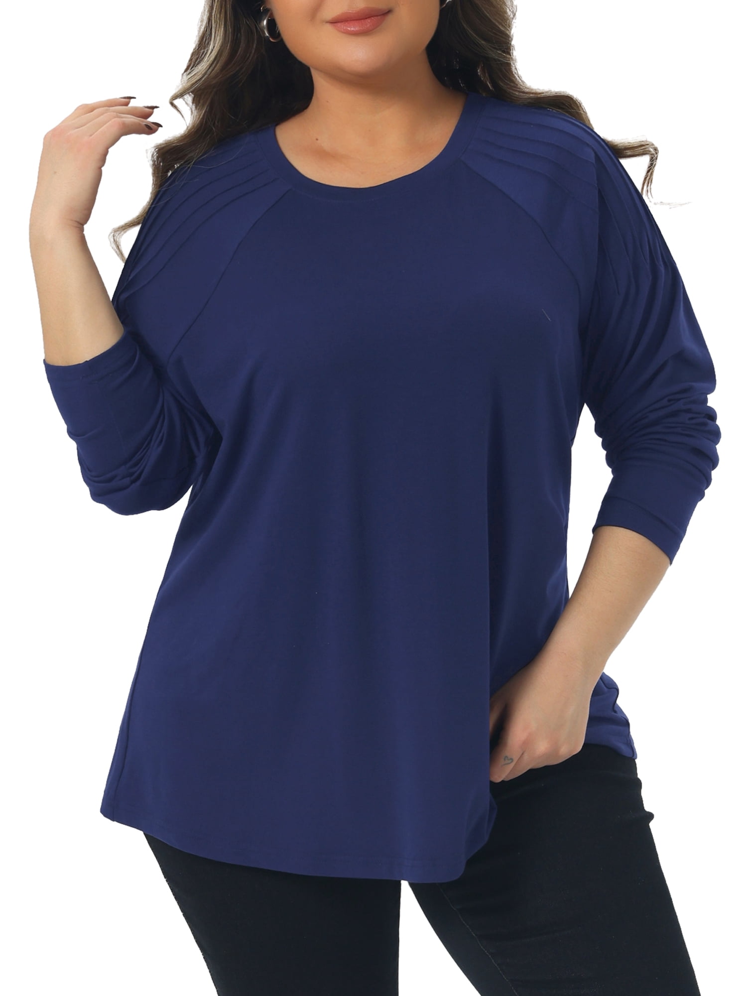 DARING DIVA Women's Plus Top Crew Neck Pleated Shirts Loose Fit Tunic Tops 2X Navy Blue