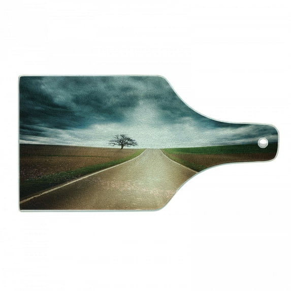 Landscape Cutting Board, Road Through Empty Fields with Dramatic Sky and Dark Clouds Symmetric Art, Decorative Tempered Glass Cutting and Serving Board, Wine Bottle Shape, Brown Teal, by Ambesonne