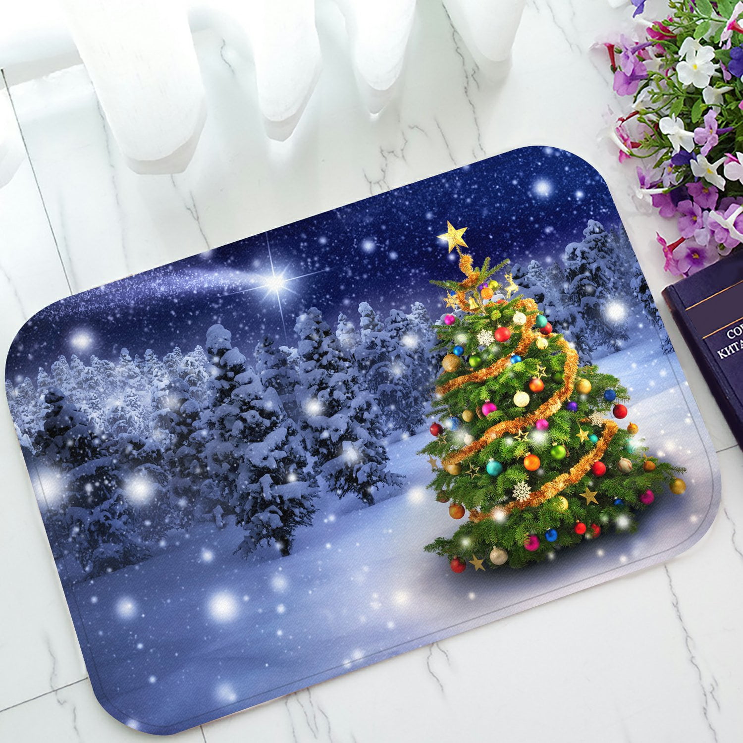PHFZK Snow Tree Scenery Doormat, Colorful Merry Christmas Tree with Holiday Presents Doormat