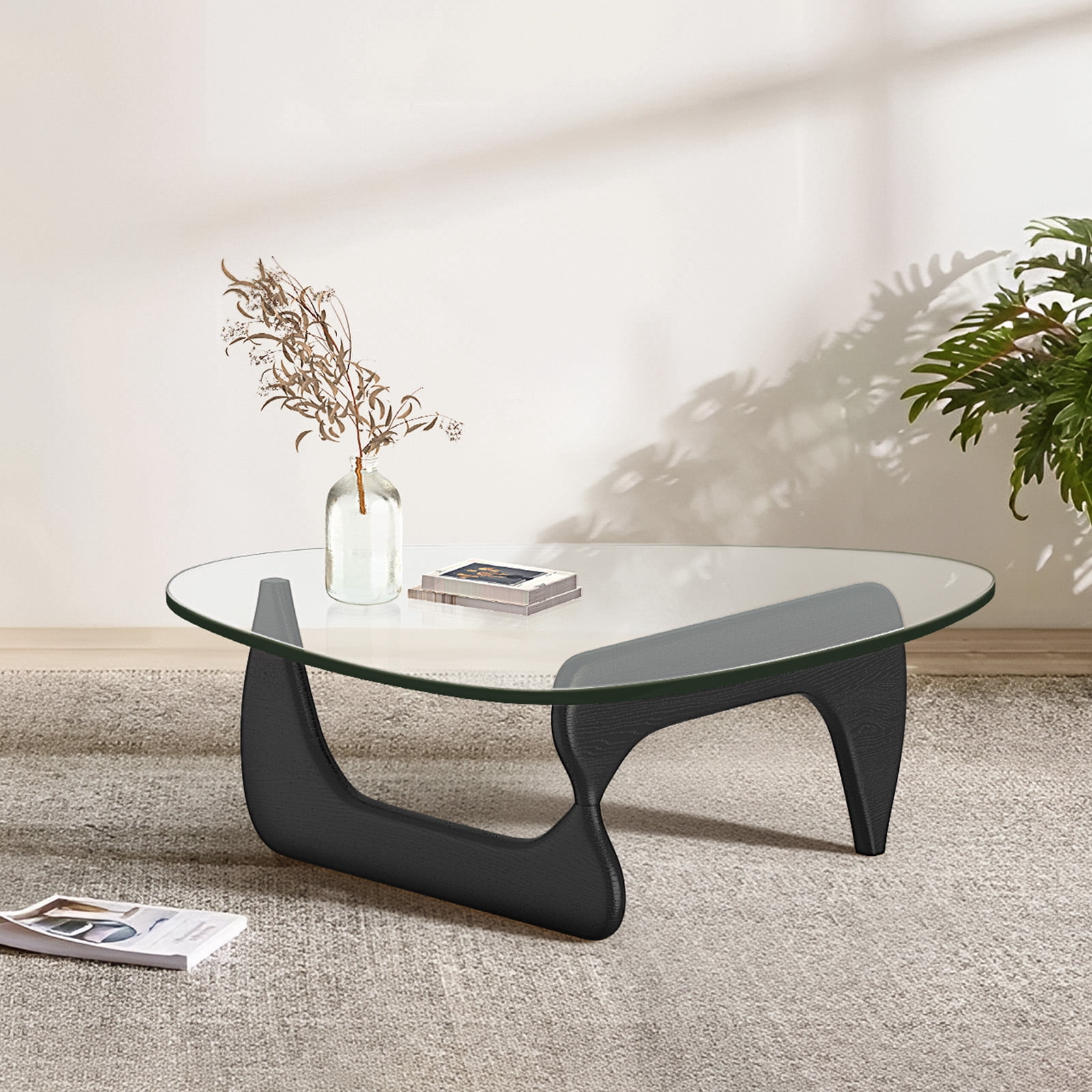 Cottinch 50" Triangle Glass Coffee Table with Wood Base for Living Room Office, Black