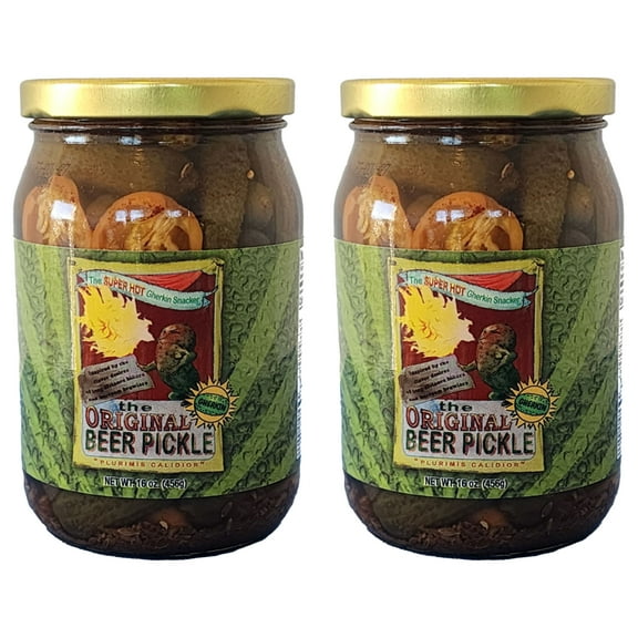 The Original Beer Pickle - Gherkins - Super Hot and Spicy Dill Pickle Gherkins Packed With Fresh Garlic and Habanero - Made in Texas - 16 oz - 2 Pack