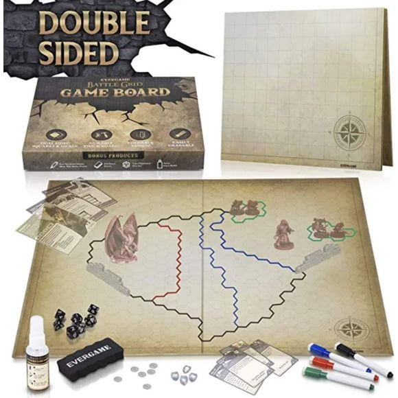 EVERGAME Foldable Reusable DND Mat for Usage with Dungeons and Dragons Mat, Board Game, Starter Kits, DND Screen, DND Board Game, DND Battle mat, DND maps - Markers, Eraser, & Dice Set Included