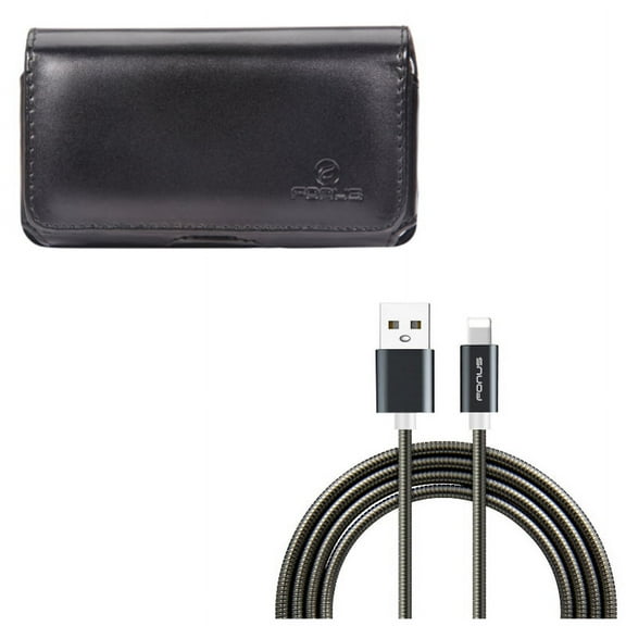 Metal USB Cable w Case Belt Clip for iPhone XR/8 PLUS/7 Plus/6S Plus/6 Plus - 3ft Charger Cord Power Wire Sync, Leather Swivel Holster Loops Compatible With iPhone XR/8 PLUS/7 Plus/6S Plus/6 Plus