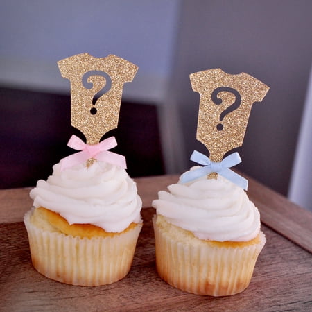 Gender Reveal Party Decor. Ships in 1-3 Business Days. Gold Onesie Question Mark Cupcake Toppers (Best Home Party Businesses)