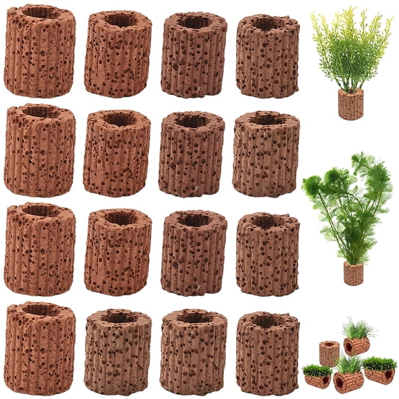 16Pcs Aquatic Plant Holder Fish Plant Ring Lava Rock Small Reusable Column Coconut Brown Water Grass Floating Cultivation Pot Fixed Rings Accessories for Fish Tanks Landscape DIY Decor DIY