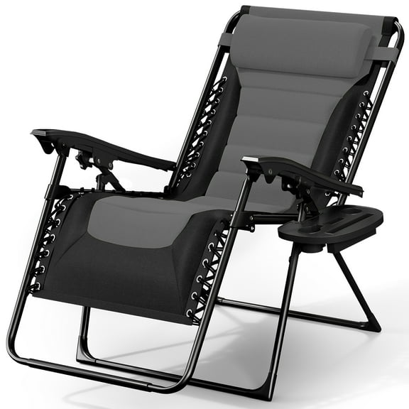 LammaLoe Padded Zero Gravity Chair Oversize, Lounge Chair Outdoor, with Adjustable Headrest and Side Tray, 330 lbs Capacity – Black/Grey