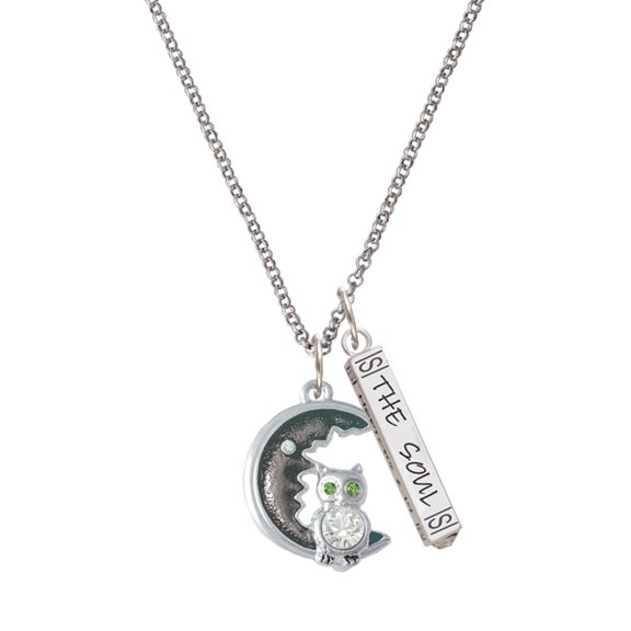 Delight Jewelry Silvertone Large Crystal Owl Sitting on Black Moon Silvertone Hope Anchors the Soul Bar Charm Necklace, 23"