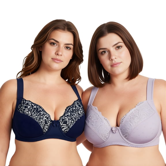 Curve Muse Women's Plus Size Unlined Underwire Lace Bra with Cushion Straps-Navy, Mauve-Size:34B