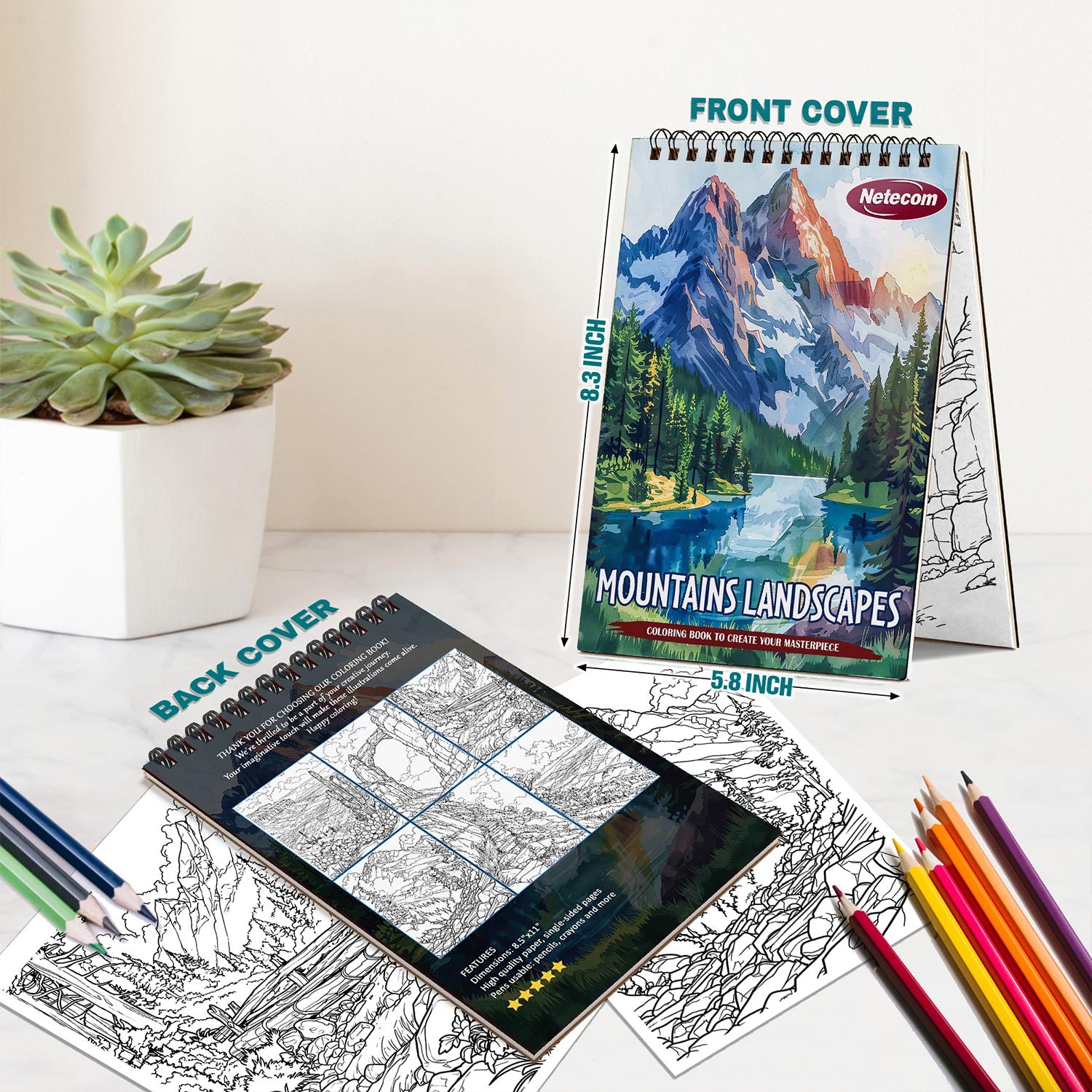 Netecom Mountains Landscapes Coloring Book for Adults, A5 Wooden Cover, Spiral Bound Edition, 30 Majestic Coloring Pages of Beautiful Landscapes for Stress Relief and Relaxation