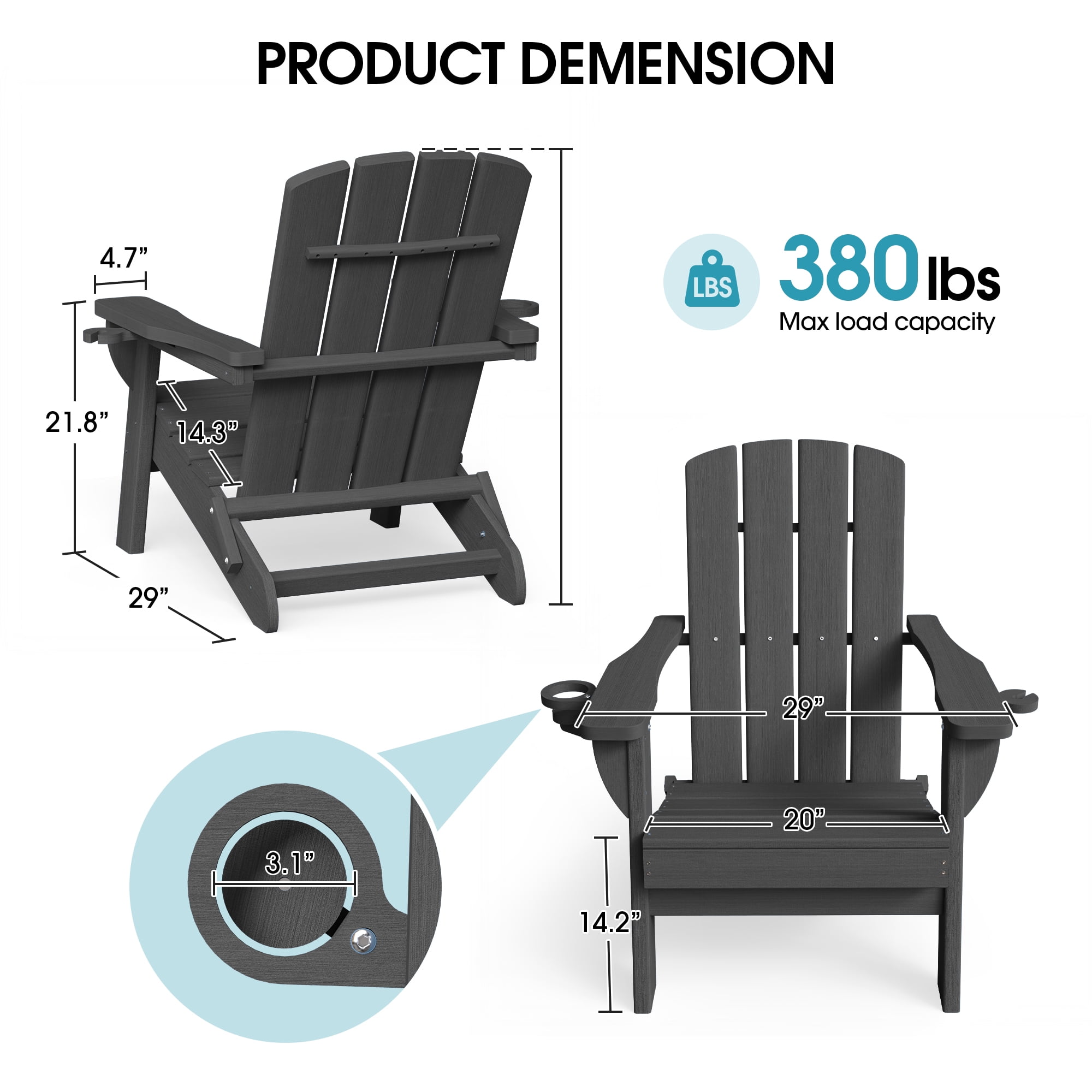 SUUNYN Folding Adirondack Chair, HDPE All-Weather Fire Pit Chairs, Plastic Adirondack Chairs with 2 Cup Holder, Grey