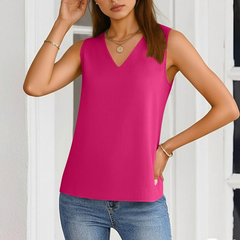 Hxshgdsn Womens V Neck Dress Tops Sleeveless Trendy Solid Color Pullover Vest Workwear Hot Pink L, Women's, Size: Large