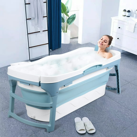 56 Inch Large Portable Bathtub for Adults, Foldable Soaking Tub with Storage Basket, No Installation Required Collapsible Bath Tub for Shower Stall, Hot Soak & Cold Plunge SPA, Blue