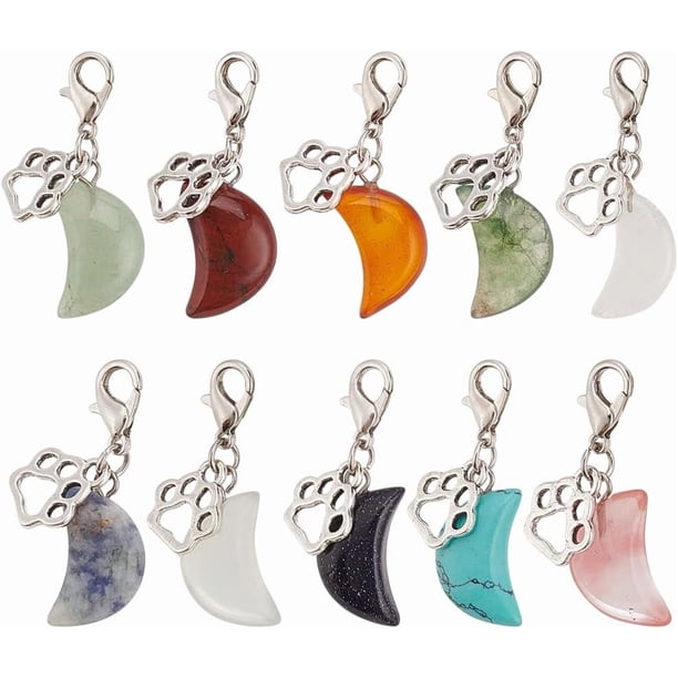 12 colgantes de piedras preciosas naturales para collar de mascotas, con forma de luna, con forma de pata de perro, para collar de cachorro, con clip.