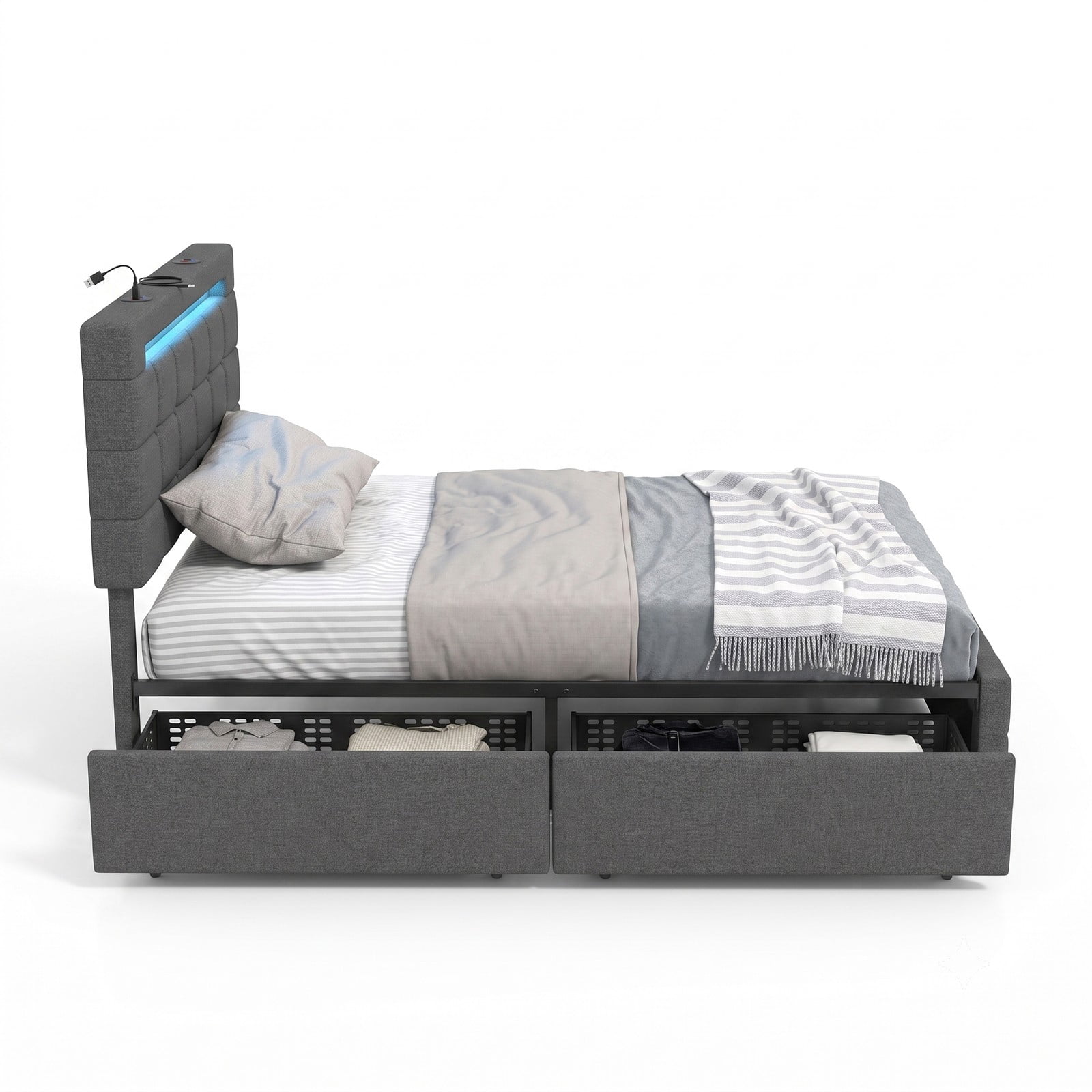 Furnibear Twin Bed Frame, Upholstered Bed Frame with LED Lights and Storage Drawers, Twin Platform Bed with Tufted Headboard for Bedroom, Gray