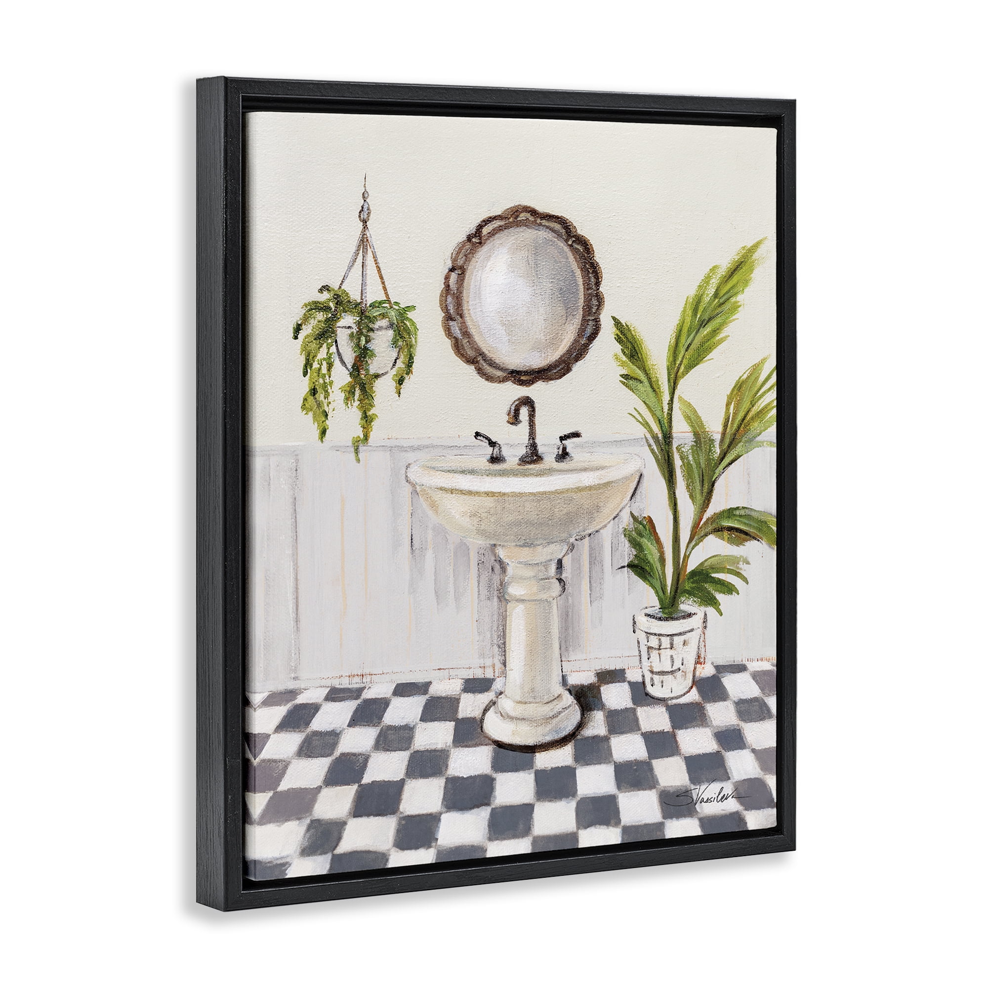 Stupell Industries Crisp Bathroom with Plants Bath & Laundry Painting Black Floater Framed Canvas Art Print Wall Art, 17 x 21