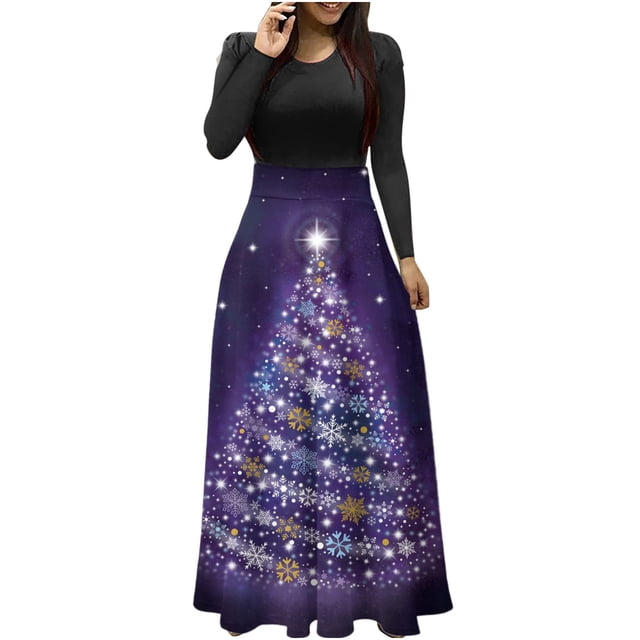 Vestido largo de manga larga con cuello redondo y estampado de árbol de Navidad para mujer Pompotops hdfakjf5479