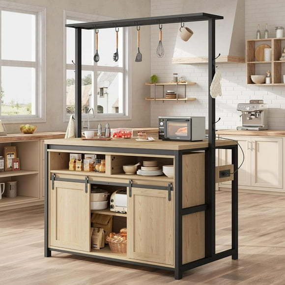 AKDSteel Farmhouse Kitchen Island with Storage & Sliding Barn Doors - 48" Coffee Bar Station with Power Outlet, Storage Cabinet & Hooks - Dining Room Center Table (Brown)