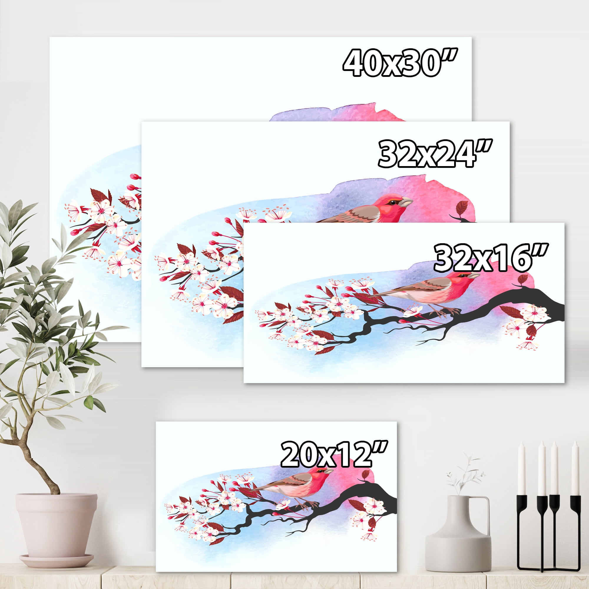Designart ' Pink Bird Sitting On Cherry Branch ' Traditional Canvas Wall Art Print