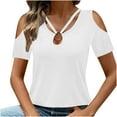 thumbnail image 2 of RYRJJ Womens Summer Cold Shoulder Tops Short Sleeve V Neck T Shirts Loose Dressy Casual Tunic Blouses Criss Cross Tees(White,L), 2 of 9