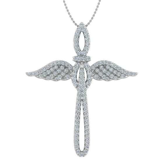 1/2 Carat Diamond Angel Wing Cross Pendant Necklace in 10k White Gold - IGI Cert (Silver Chain Included)