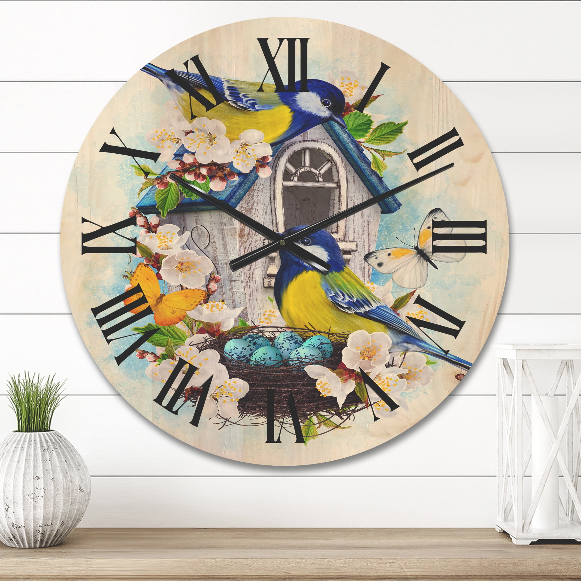 Designart 'Two Tit Birds Sitting Near The Nest With Eggs and White Flowers I' Traditional Wood Wall Clock