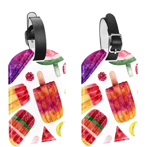Square 2Pack PU Leather Summer Ice Cream Watercolor Cruise Luggage Tag with Privacy Cover and Name ID Tag for Travel Handbags Backpacks Luggage Tags