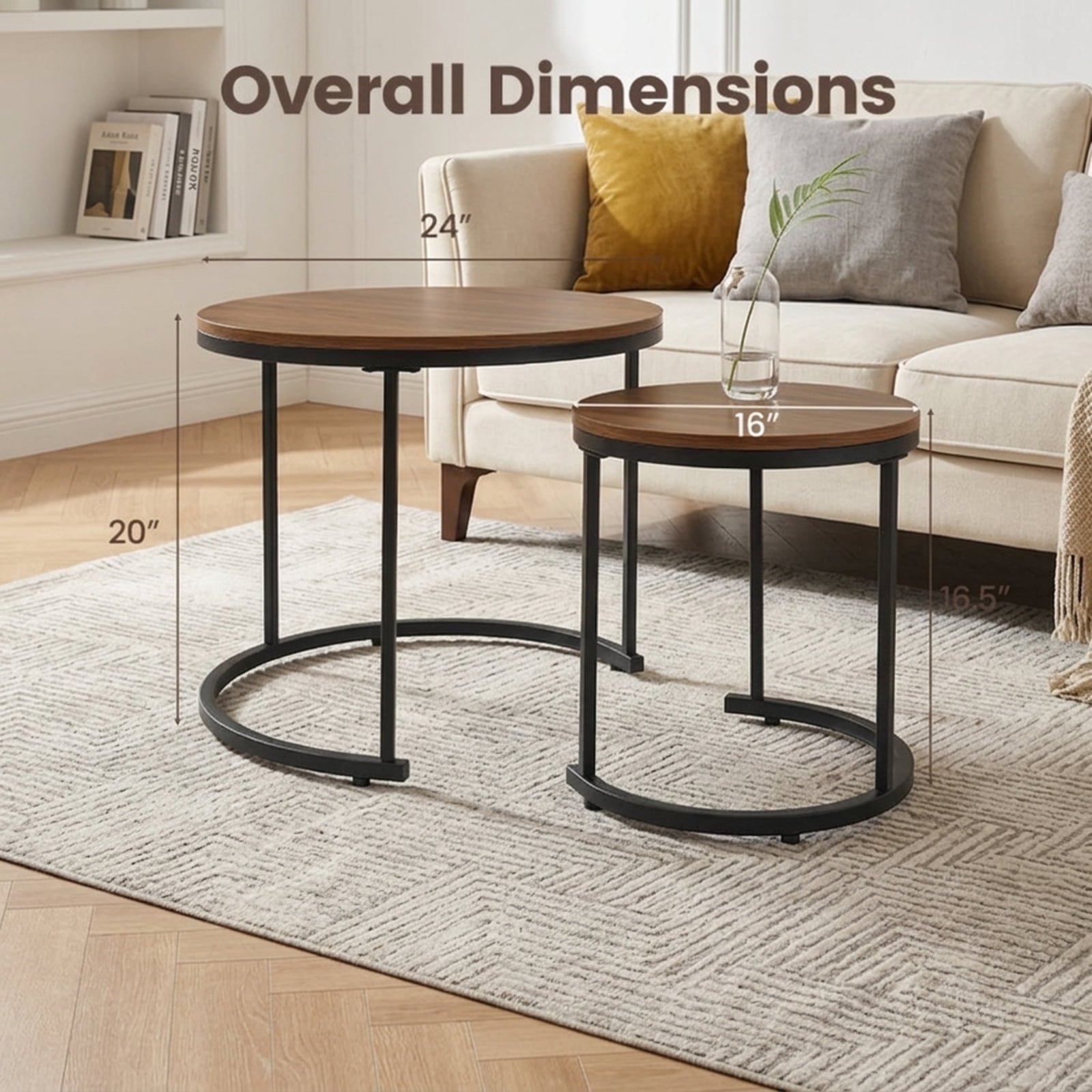 Furnibear Set of 2 Modern Round Stacking Nesting Coffee Tables with Steel Frame for Living Room and Bedroom, Light, Brown