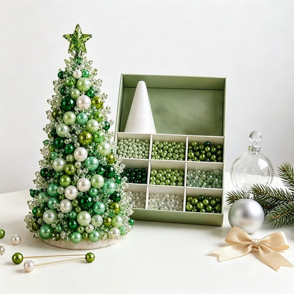Beaded Christmas Tree Kit, DIY Christmas Craft Kit with Pearl and Crystal-Style Beads, Tabletop Christmas Decor, Pin-On Crafting Process, Handmade Holiday Gift for Crafters, 7 x 3 in