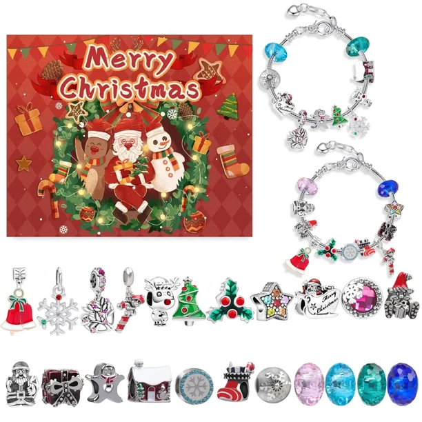 Calendario de Adviento de 24 días, caja de regalo de joyería, conjunto de pulseras de joyería azul DIY para niñas y niños, calendario de Adviento de Navidad con cuenta atrás 2024