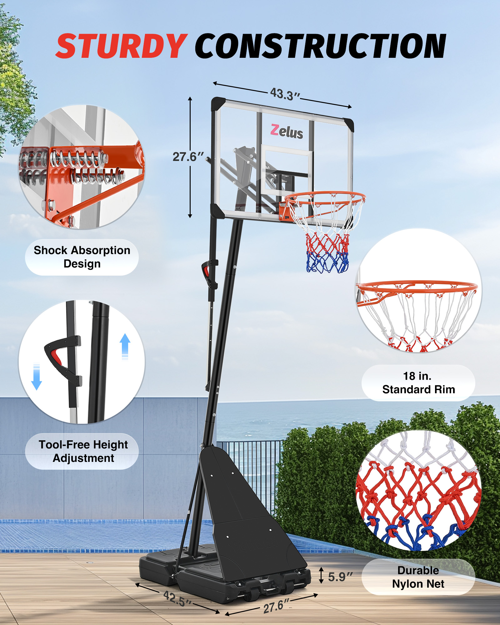 Zelus 4.9ft - 10ft Adjustable Height 43.3"x27.6" Longevity Outdoor Portable Basketball System (Kids)