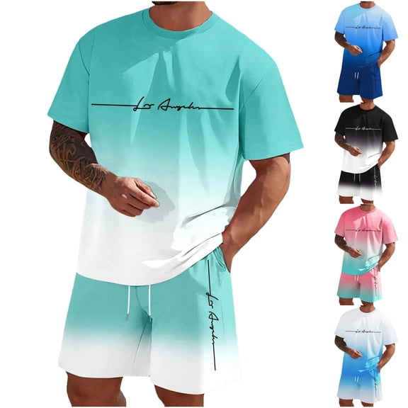 Blekii Men's Shorts Set, Graphic Print T-Shirt & Shorts Two-Piece, Summer Jogging Sportswear, Lightweight Training Outfit, Matching Lounge Set for Men, Casual Comfort Wear for Home