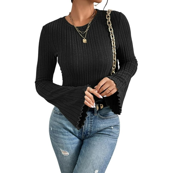 MISFAY Sweater for Women Casual Long Bell Sleeve Shirts Lightweight Crew Neck Tops Fall Fashion 2025