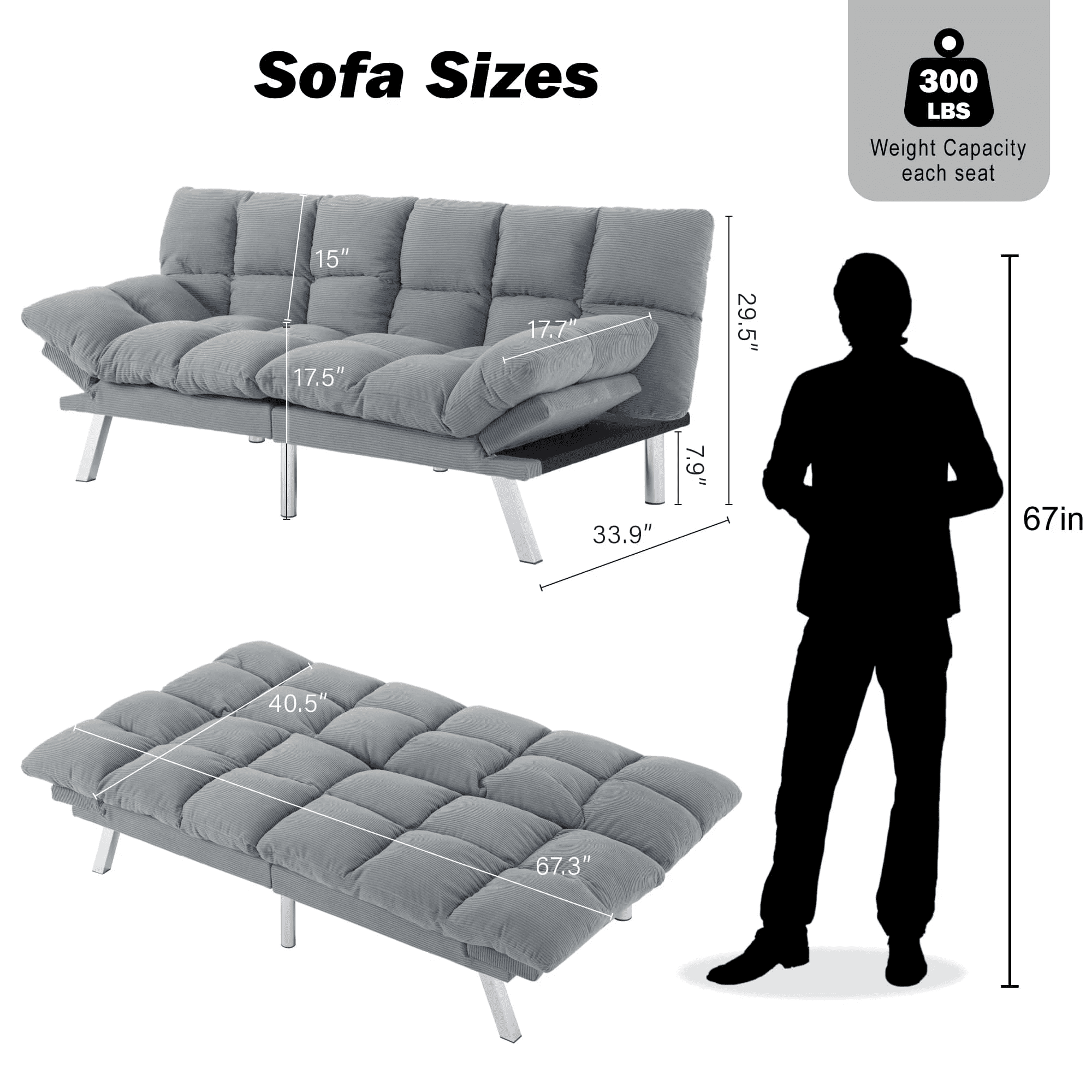 BSHTI 67.3" Futon Sofa Bed, Corduroy 3 in 1 Convertible Sofa Bed with Adjustable Backrest, Split-Back Design, Loveseat Sofabed for Living Room, Office, Guest Room, Light Gray