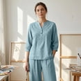 thumbnail image 5 of CIENVNSTG Linen Sets For Women 2 Piece Casual Vneck Embroidered 3/4 Sleeve Tops Wide Leg Linen Pants Set Mature Women Clothing Light Blue XL, 5 of 6