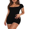 thumbnail image 2 of Women‘s Sexy Ribbed Bodycon Short Jumpsuit Short Sleeve Square Neck Solid Color Buttons Overalls Playsuit One Piece Rompers, 2 of 8