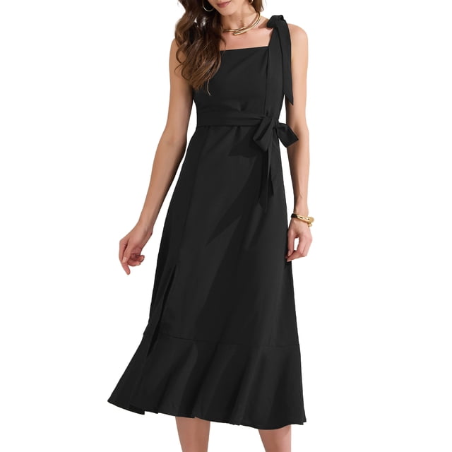 INSPIRE CHIC Vestido Midi Elegante Sin Mangas con Escote Cuadrado y Volantes en el Dobladillo, Con Aberturas Lateral, Talla XS, Negro