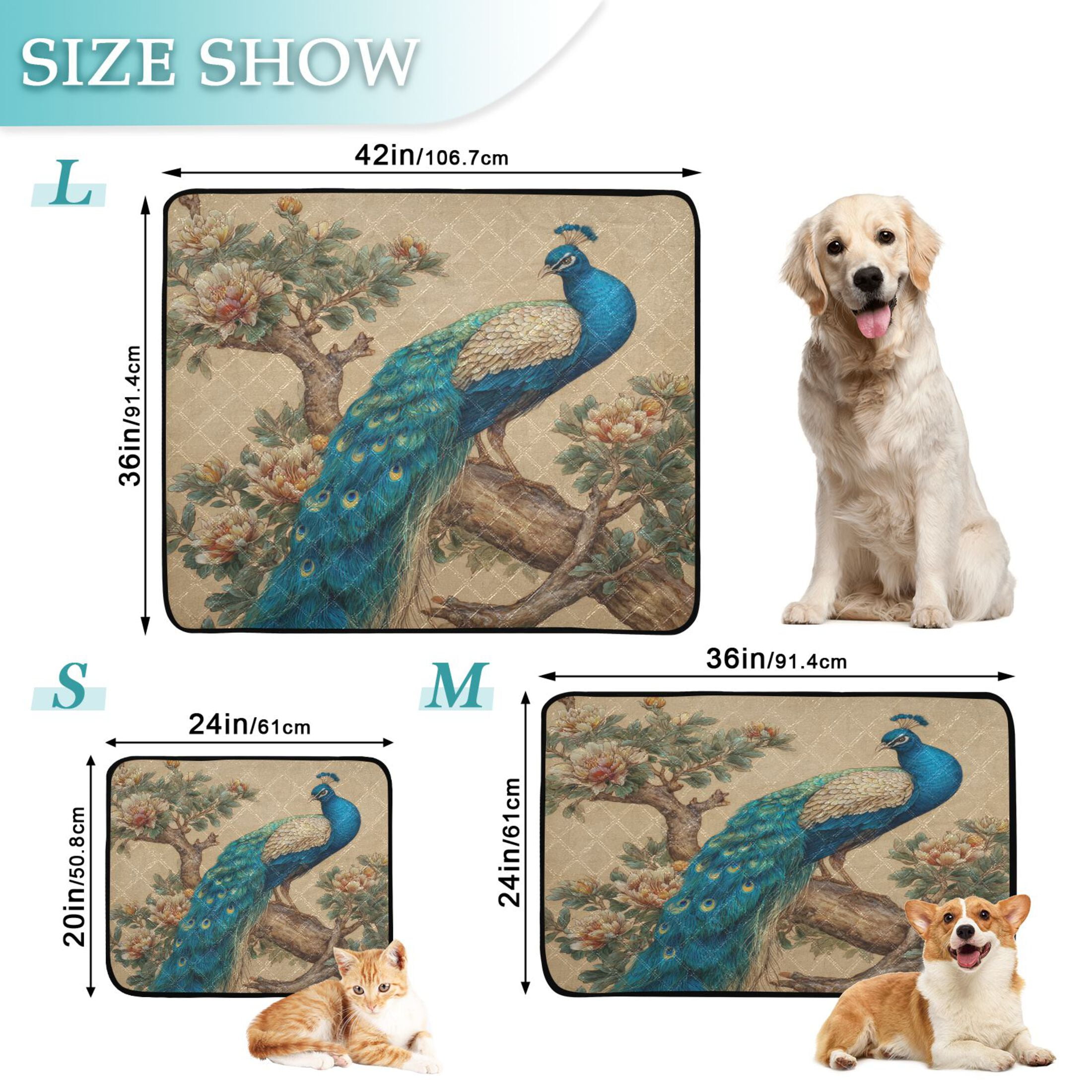 Qxltty Elegent Peacock Cat litter Pads Pet Set of 3 Diaper Mats Center Anti-leakage Layer Absorbent Soft and Comfortable