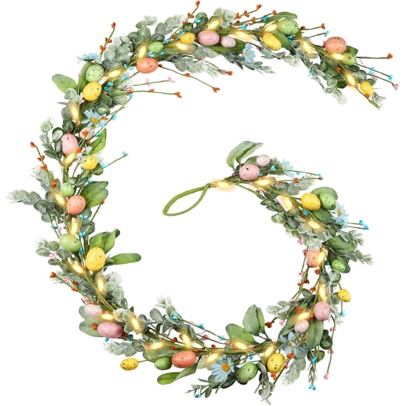 Guvpev Easter Garland with Pastel Eggs & LED Lights, 5.7FT Spring Eucalyptus Garland with Berries & Blue Flowers, Artificial Greenery Vine for Mantel, Fireplace, Table and Front Door Spring Decor