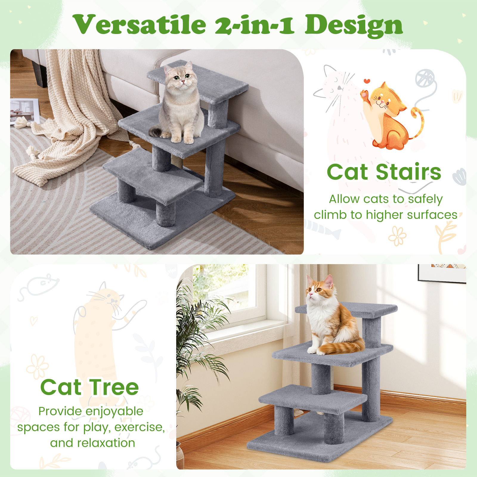 Gymax 2-in-1 Cat Tree Tower Pet Steps w/ Scratching Posts Hanging Toy Ball Perch