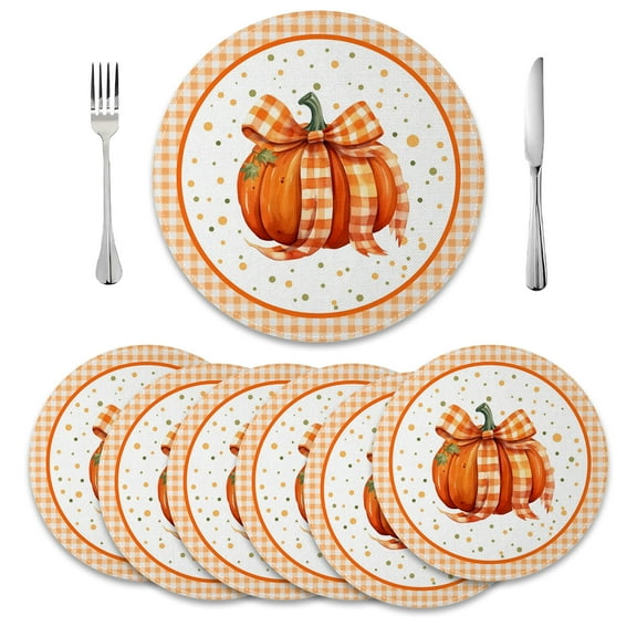 MIZHONA Fall Pumpkins Round Placemats Set of 6 Autumn Thanksgivings Table Mat 14 inch for Kitchen Dining Table Decoration