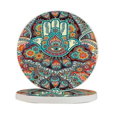 

Circular Drink Coasters Set Indian Fatima Hamsa Handprinted Beautiful Home Decor Diatomite Heat-Resistant Diatomite Protect Table Countertop