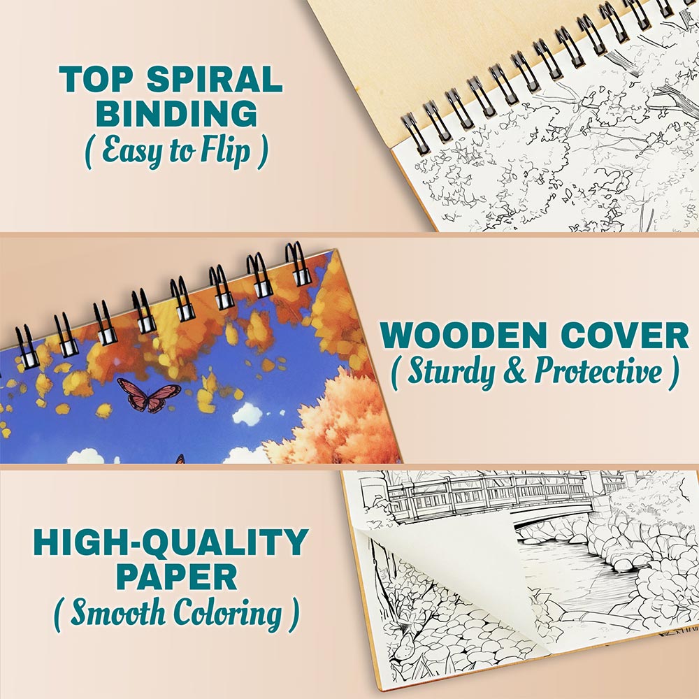 Netecom City Parks in Spring Coloring Book Spiral Bound for Adults, A5 Wooden Cover, 30 Vibrant Coloring Pages of Springtime Bliss in City for Stress Relief and Relaxation