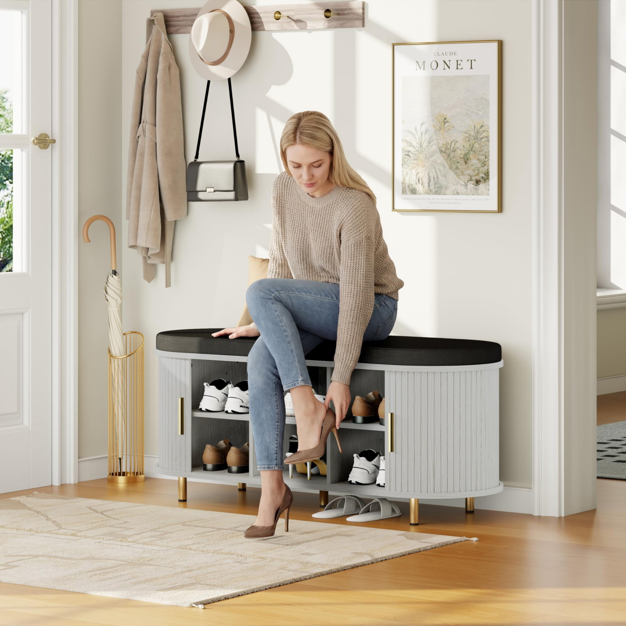 2-Tier Storage Bench with Cushion, 43“ Wide Shoe Bench with Fluted Sliding Door & Adjustable Shelf, Entryway Shoe Rack, White