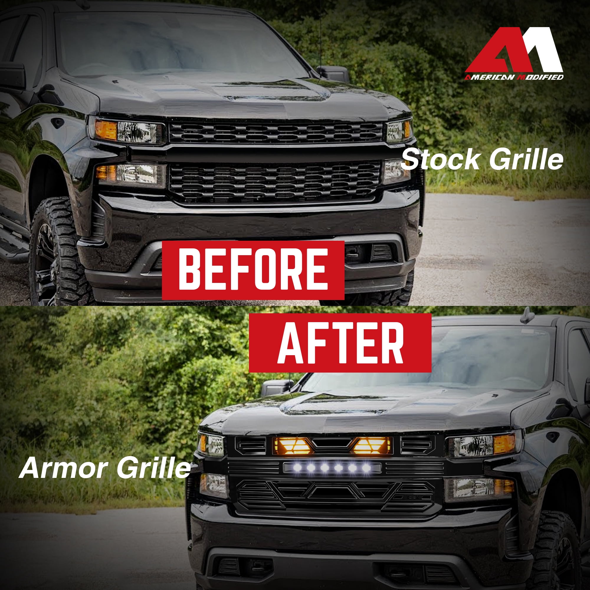 AMERICAN MODIFIED Grille w/LED for 19-21 Chevy Silverado 1500, Glossy Black