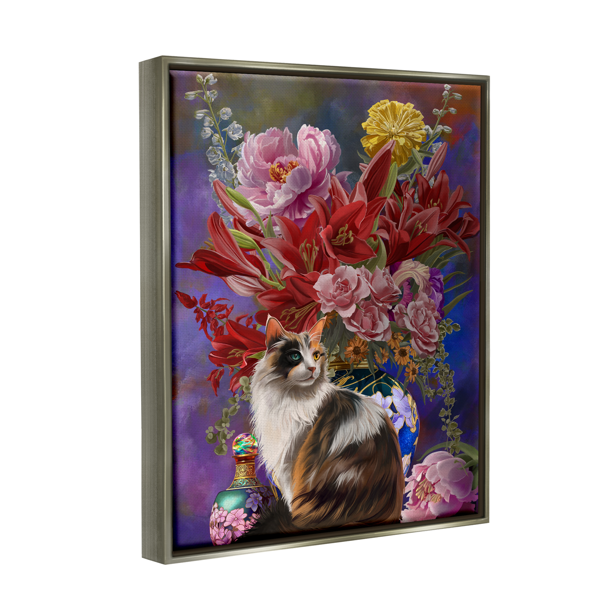 Stupell Industries Cat & Flower Chinoiserie Botanical & Floral Painting Gray Floater Framed Canvas Art Print Wall Art, 17 x 21